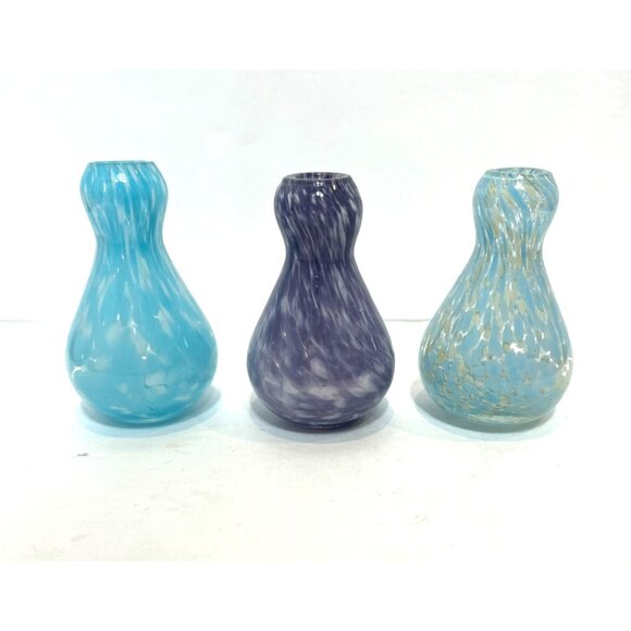 Set Of 3 Handblown Art Glass Studio Bud Vases/Bottles Blue & Purple 5" High - Picture 2 of 9